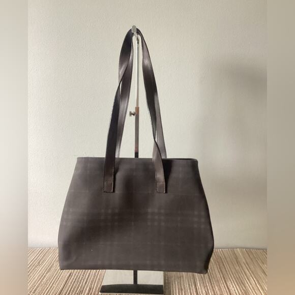 Burberry Dark Brown Check—Nylon Leather Strap Tote Bag Designer Purse - Picture 2 of 8